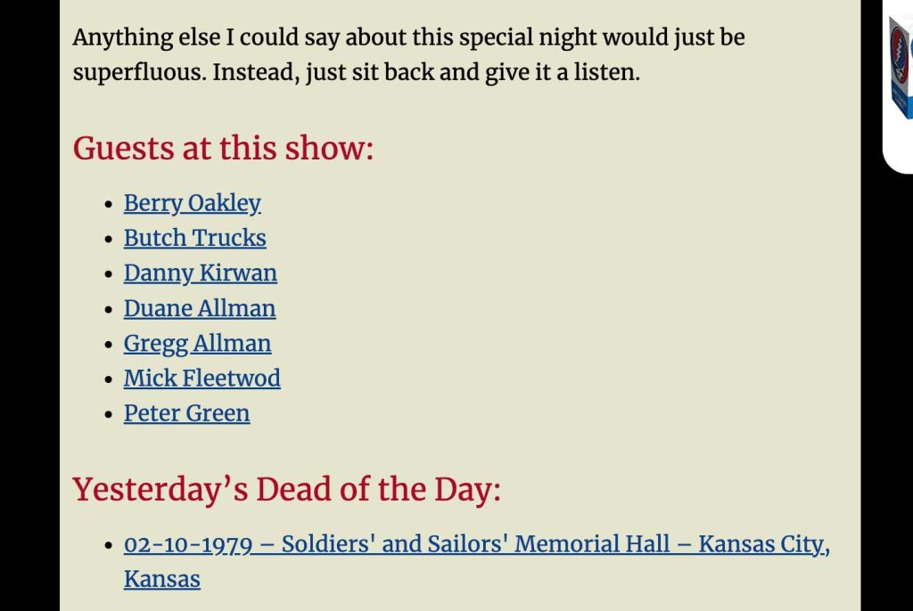 screenshot of guests at this show functionality on Grateful Dead of the Day